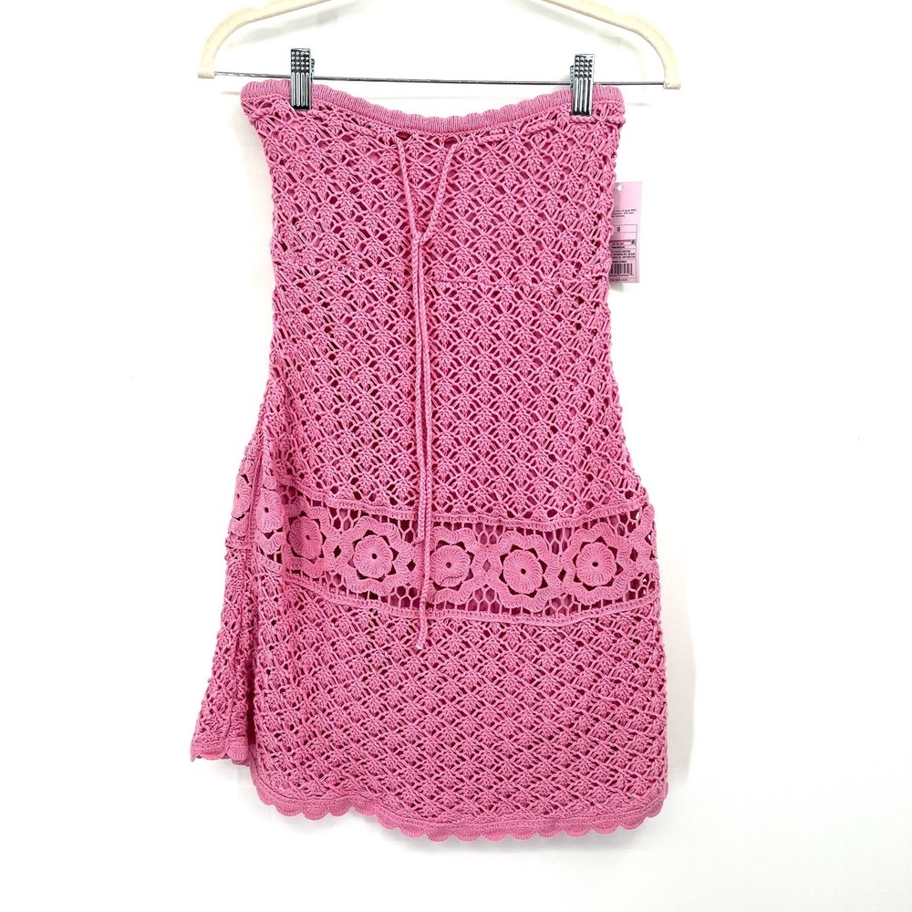 NEW pink crochet strapless sundress granny square barbiecore mini boho chic S
